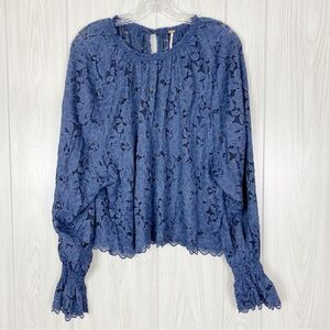 Free People | Navy Blue Olivia Floral Ruffle Bell Sleeve Blouse Size Medium